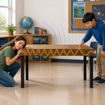 A tap travels as vibrations through a table to a student's ear.