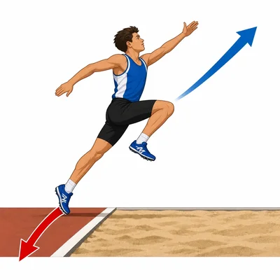 Long jumper pushing against the ground to launch upward and forward.