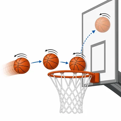 Basketball with backspin bouncing near the rim and backboard.
