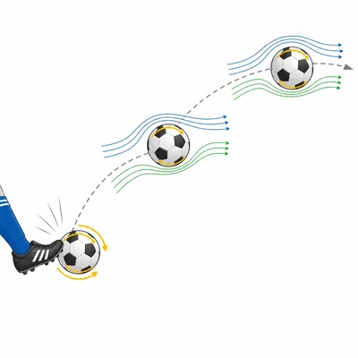 Spinning soccer ball curving through the air after a side kick.