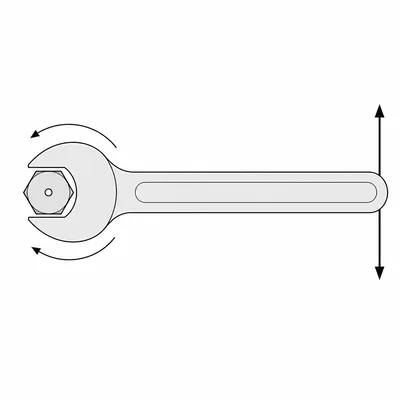 A wrench with a perpendicular force applied at the handle, causing torque about the bolt.