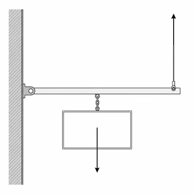 A sign hanging from a horizontal arm with an upward cable force at the end.