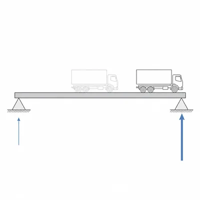 A truck closer to the right end of a bridge with a larger upward reaction at the right support.