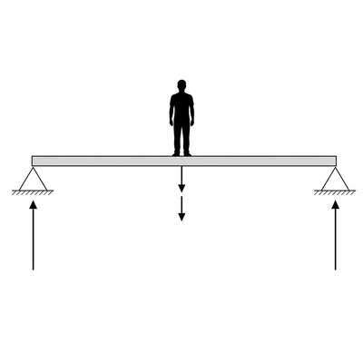 A supported beam with a person at the center and upward reactions at both ends.