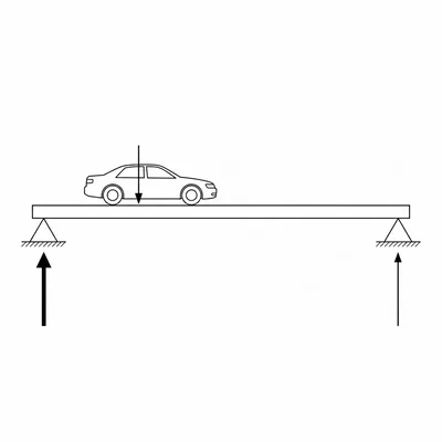 A bridge beam with a car left of center and the left support reaction highlighted.