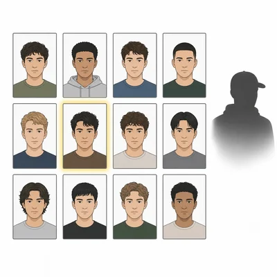 Photo lineup missing the real culprit, with attention drawn to an incorrect person.