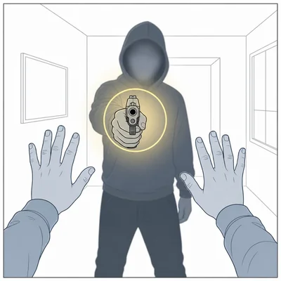 Victim’s attention focused on a weapon while the robber’s face is unclear.