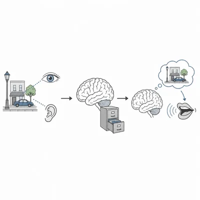 Diagram showing observation, memory storage, and recall as three connected stages.