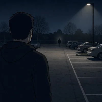 Witness viewing a distant suspect at night across a dim parking lot.