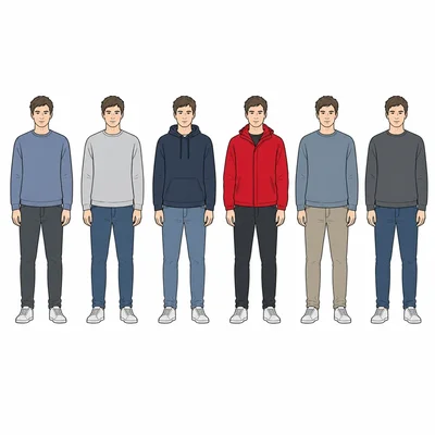 Lineup where one person stands out because only they wear a bright red jacket.