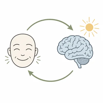 Feedback loop between a smiling face and brain representing facial feedback.