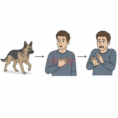 Sequence showing a dog stimulus followed by body arousal and then fear.