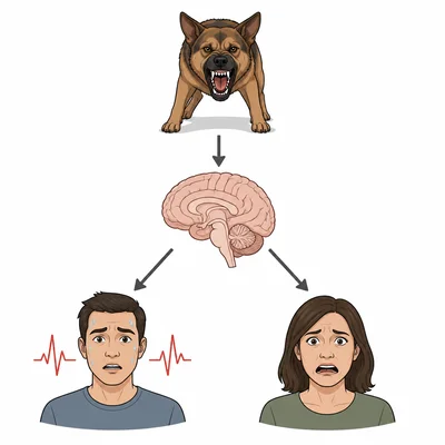 Diagram showing a frightening stimulus leading to simultaneous body arousal and fear.