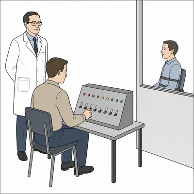 Diagram of a Milgram obedience study setup with participant, authority figure, and learner.