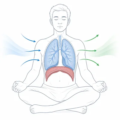 Diagram of deep breathing showing expanded lungs, diaphragm movement, and airflow arrows.