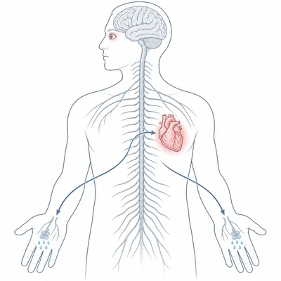 Diagram of sympathetic nervous system activation affecting the heart, eyes, and sweaty palms.