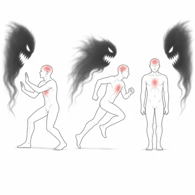 Three silhouettes illustrating fight, flight, and freeze responses to a threat.