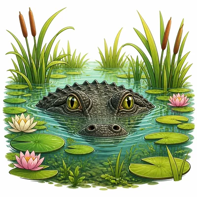 An alligator hides in wetland water with its eyes and nostrils above the surface.