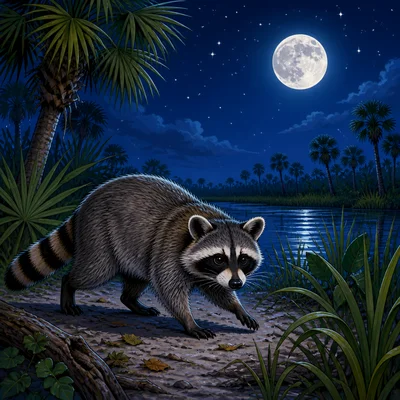 A nocturnal animal is active in a Florida habitat at night.