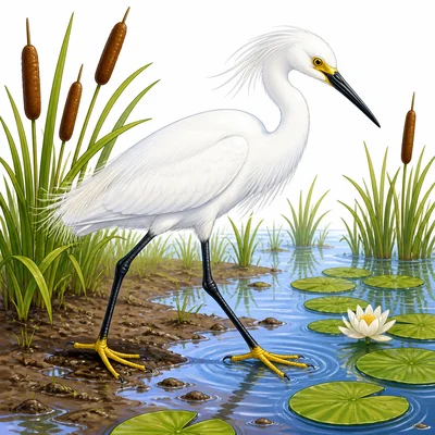 A snowy egret walks through a marsh with thin legs and wide feet.