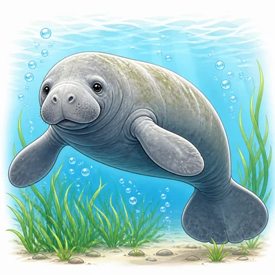A manatee swims underwater using paddle-shaped flippers and a flat tail.