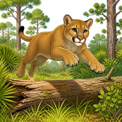 A Florida panther leaps with strong legs and visible claws.