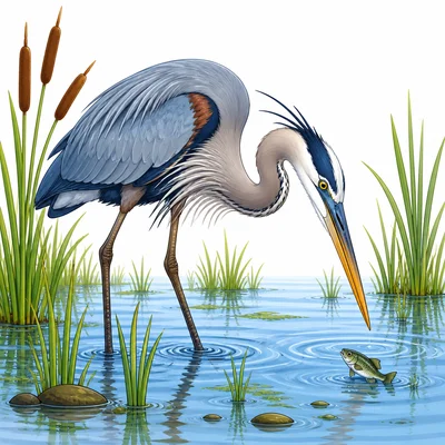 A great blue heron uses long legs and a pointed beak to catch fish in shallow water.