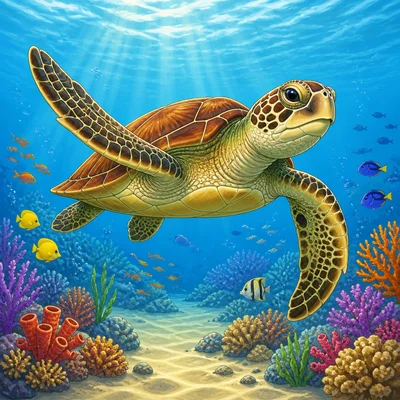 A sea turtle swims in the ocean with large flippers.