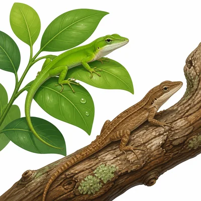 Green anole lizards blend in with leaves and a tree branch by changing color.