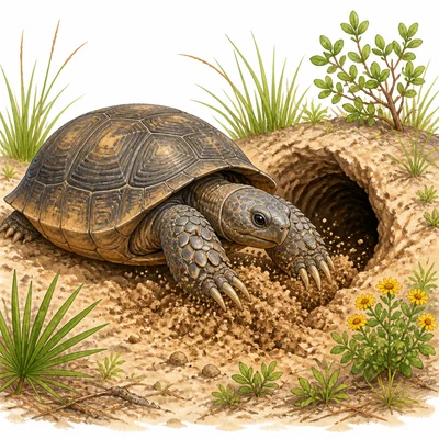 A gopher tortoise digs a burrow with strong front legs and claws.