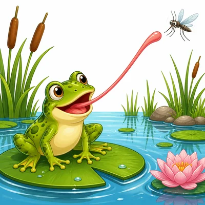 A frog uses a long sticky tongue to catch a mosquito.