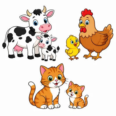 Cow with calf, hen with chick, and cat with kitten.