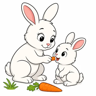 A mother rabbit feeding a baby bunny.