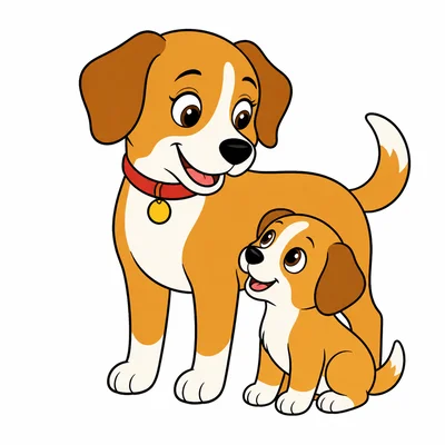 A mother dog with a puppy.