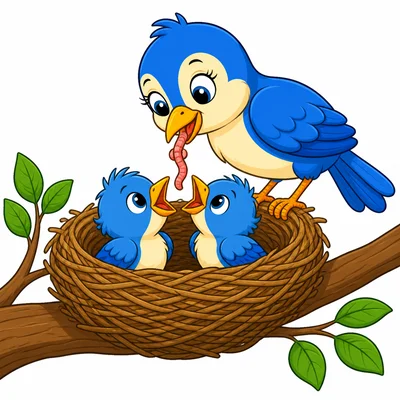 A mother bird feeding baby birds in a nest.