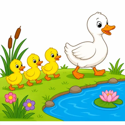 A mother duck leading ducklings by a pond.