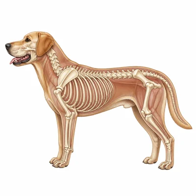 Dog shown with a visible internal skeleton and backbone.