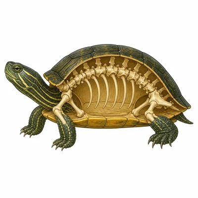 Turtle with shell, legs, and visible internal backbone.