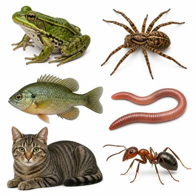 Frog, spider, fish, worm, cat, and ant shown for sorting.