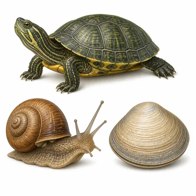 Turtle, snail, and clam shown as different animals with shells.