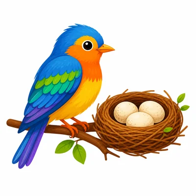 A feathered bird with a beak beside a nest of eggs.
