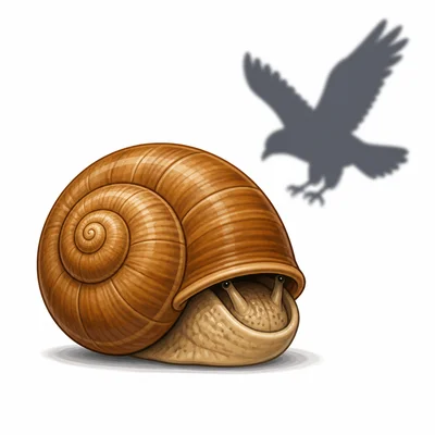 A snail hiding inside its shell for protection.