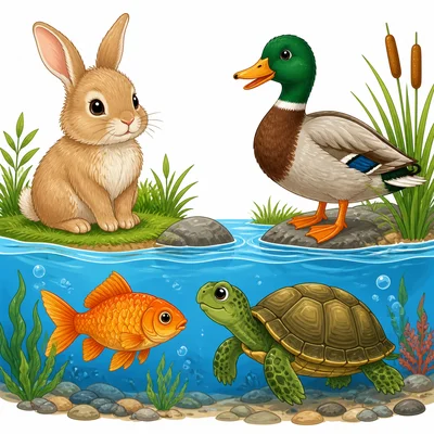 Animals with different coverings: fur, feathers, scales, and shell.