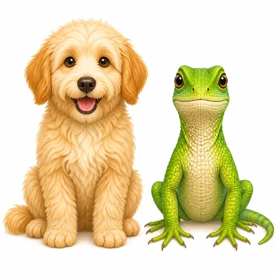 A dog with fur beside a lizard with scales.