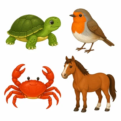 A turtle, robin, crab, and horse shown for comparing coverings.