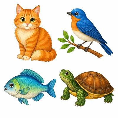 Example animals showing fur, feathers, scales, and shell.