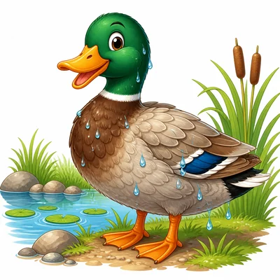 A duck with feathers near water droplets.