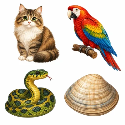 A cat, bird, snake, and clam showing different body coverings.