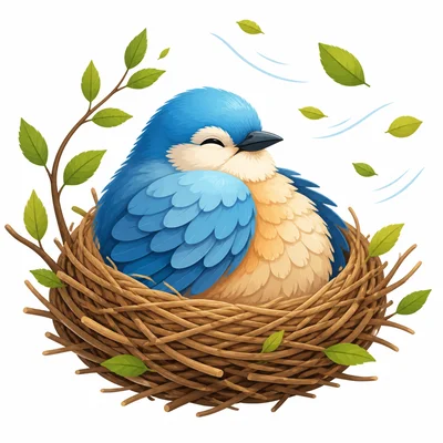 A bird with fluffed feathers sitting in a nest.