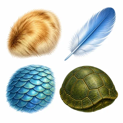 Four animal coverings: fur, feather, scales, and shell.